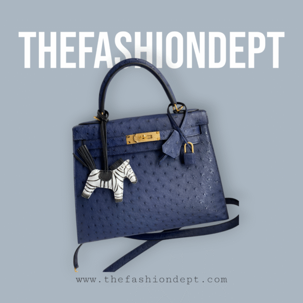 Kelly 25 blue, ostrich, gold