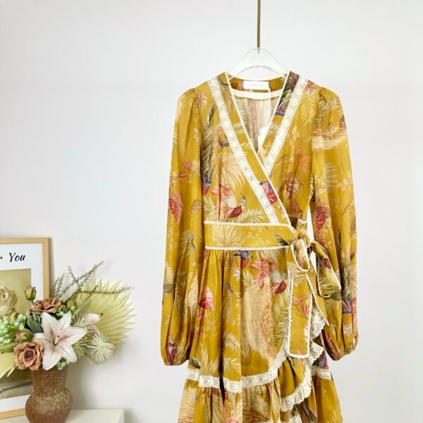 Ascension lace-trimmed tiered printed cotton-voile mini wrap dress yellow
